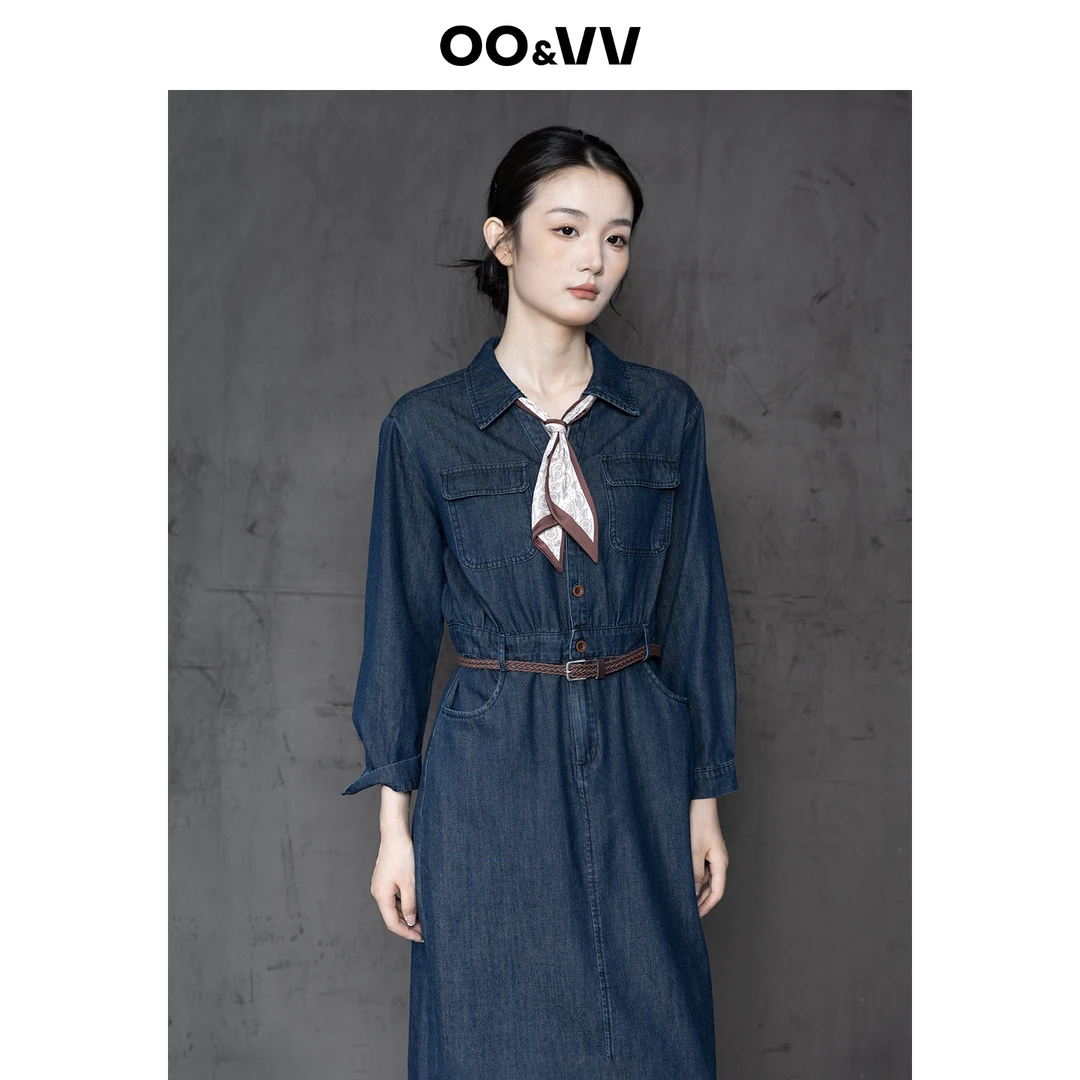 OO&VV港味复古牛仔连衣裙女2025秋新小众别致收腰显瘦中长裙子