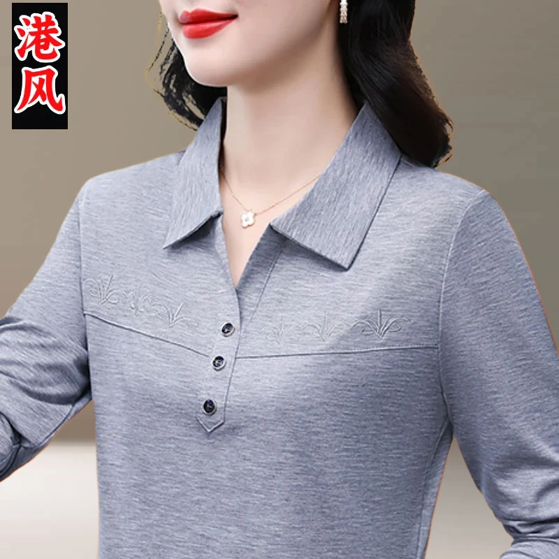 翻领休闲妈妈长袖t恤女纯色2025年减龄宽松时尚刺绣polo衫上衣T恤