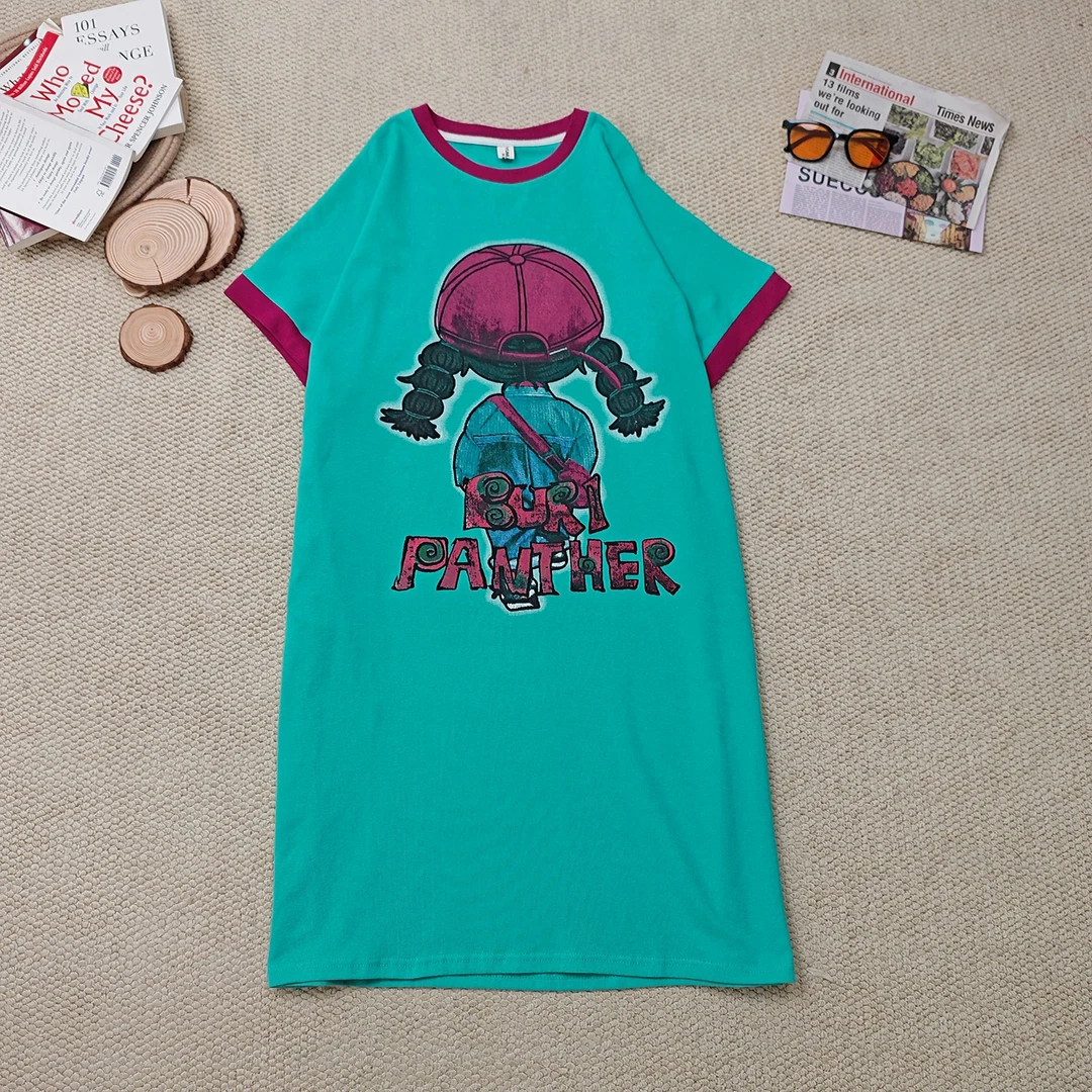 2025夏季新款休闲卡通印花短袖连衣裙2435