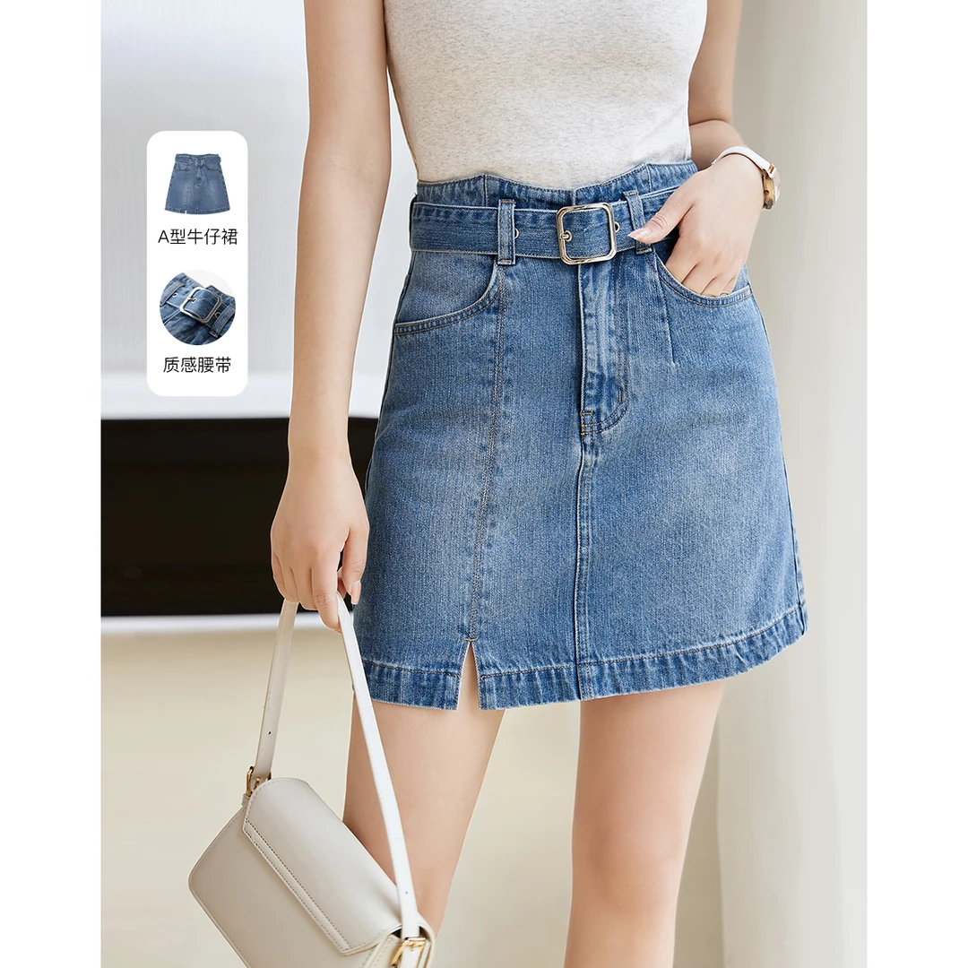沫晗依美腰带配饰开叉牛仔短裙2025夏季女减龄百搭水洗牛仔半裙女