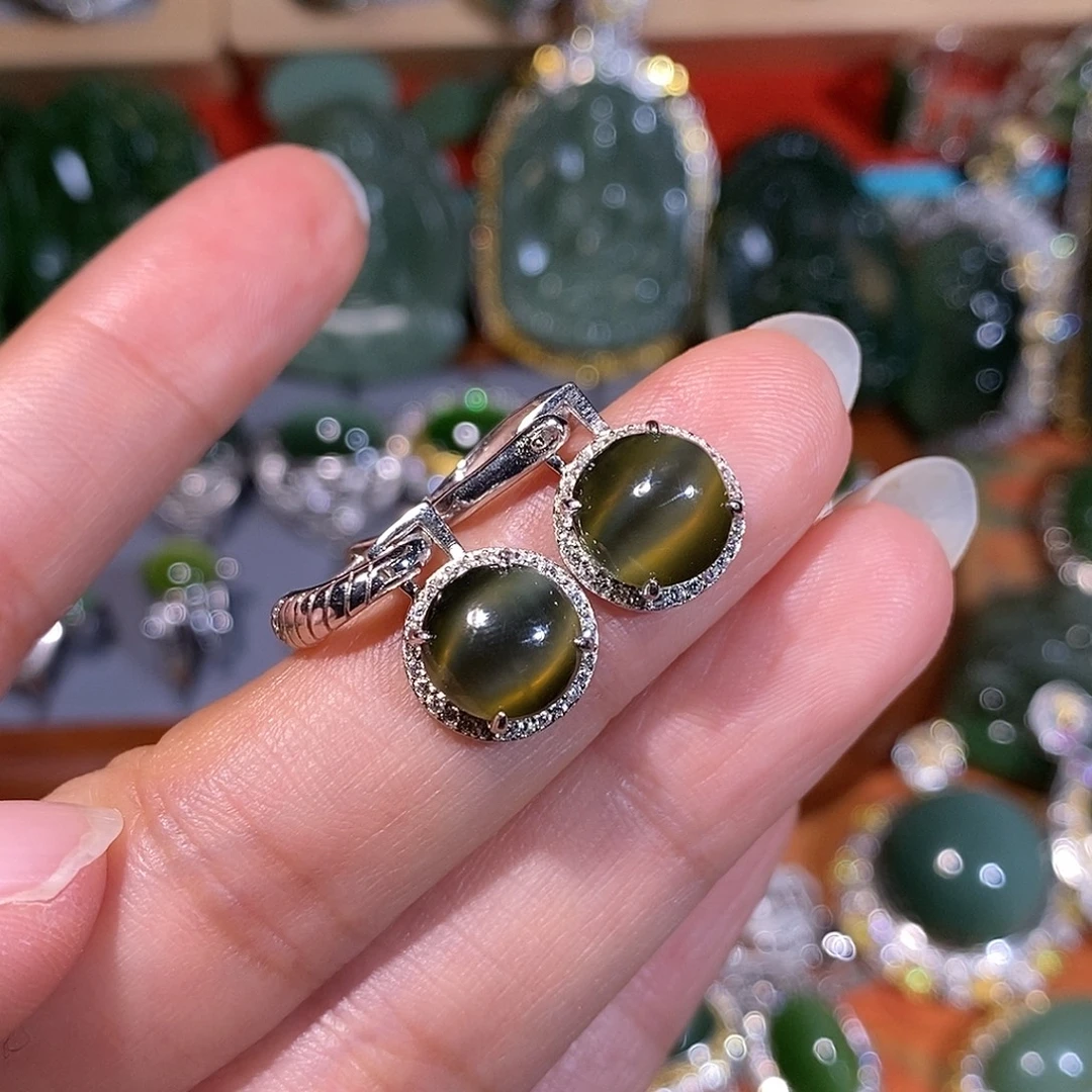 和田玉（碧玉）银S925镶嵌耳饰