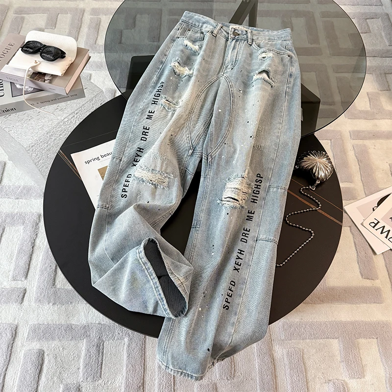 裤子女款爆款2025新款时尚夏季薄款百搭破洞高腰阔腿牛仔裤女裤潮