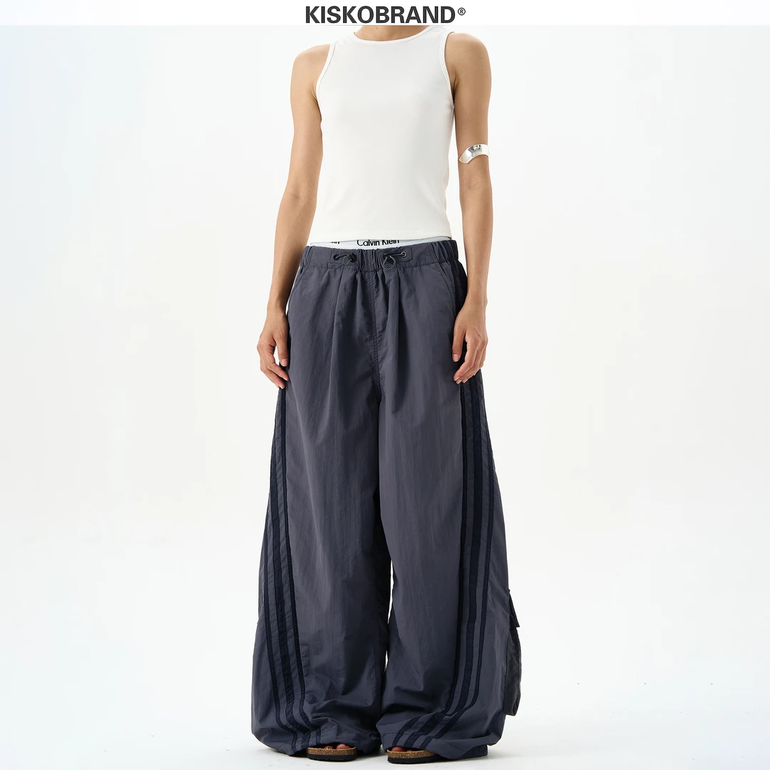 YUGEBF设计感美式三条杠多口袋阔腿工装裤男女潮牌运动抽绳休闲裤