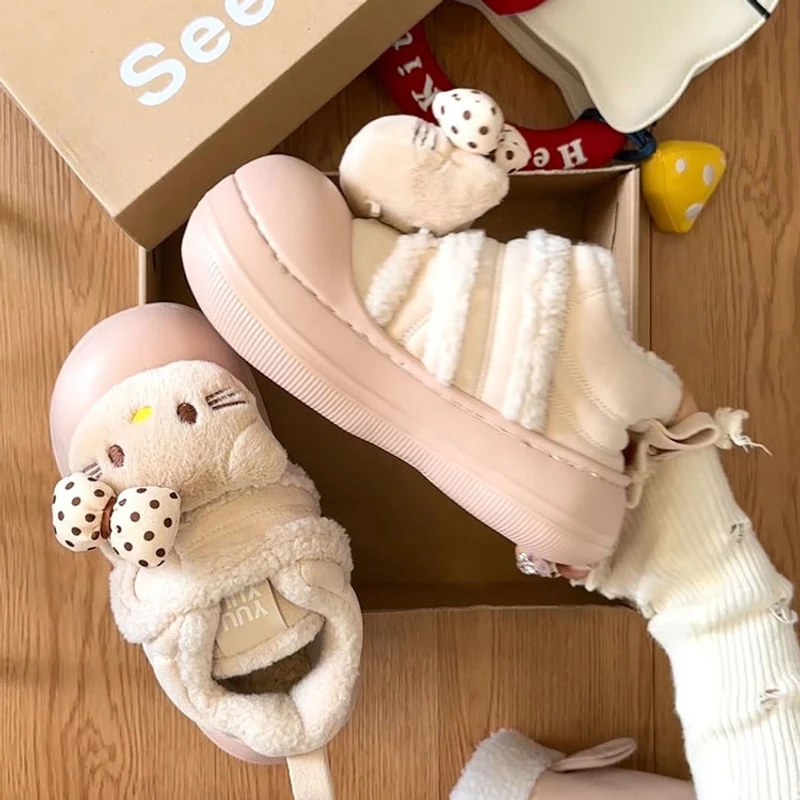 See.u原创可爱卡通KT猫雪地靴女2025秋冬新款加绒加厚保暖厚底面