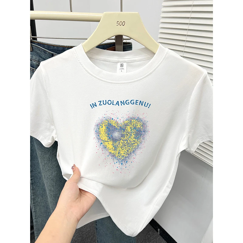 小众设计感爱心印花圆领短袖t恤女夏季新款韩版百搭正肩小上衣ins