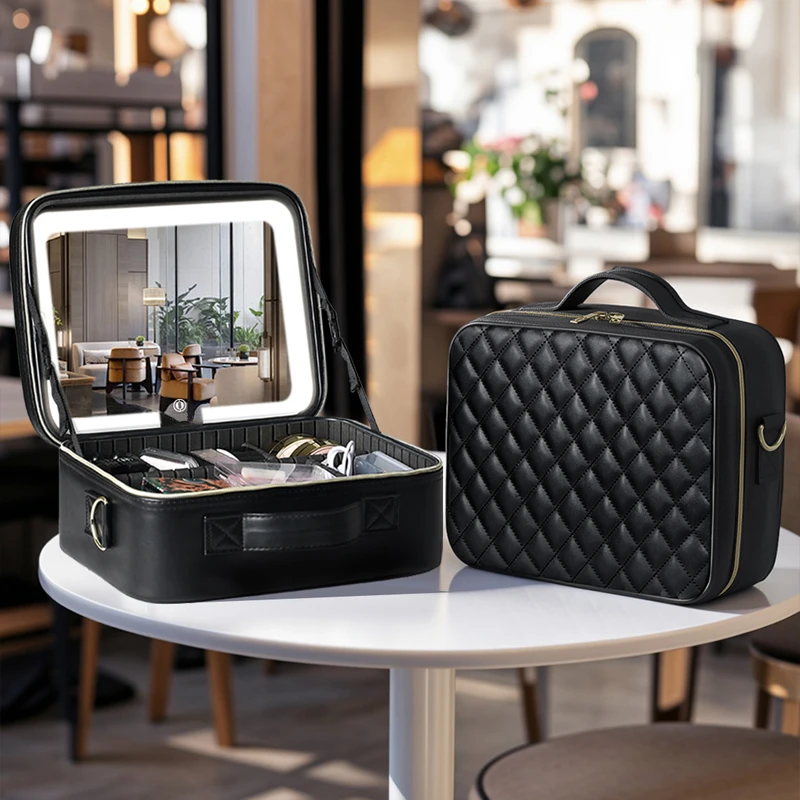 巧姿专业化妆包12寸带镜三色光LED灯大容量可拆卸化妆品防护隔板