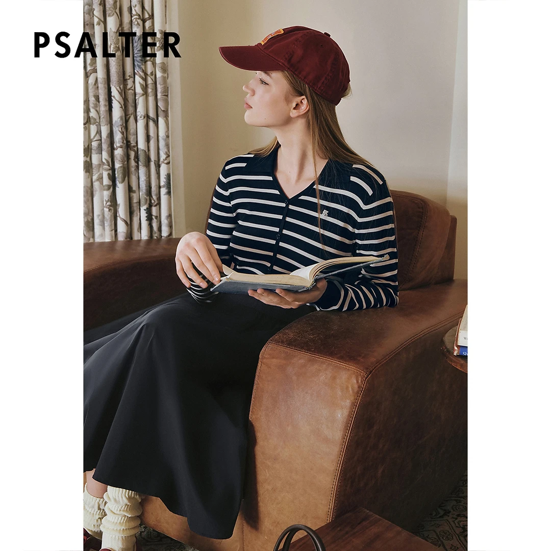 诗篇专选海军风气质翻领条纹拼接假两件修身连衣裙2025春新款