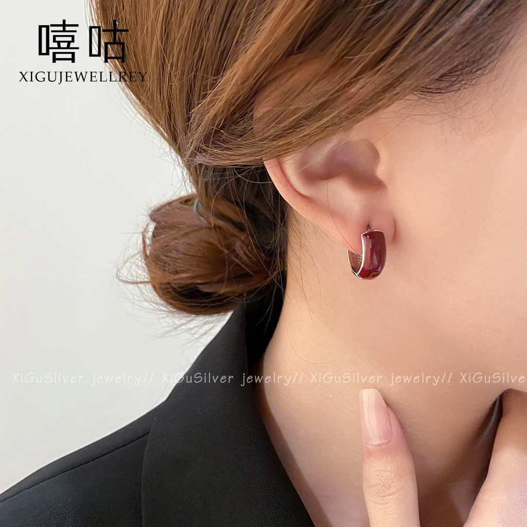 足银树脂耳饰 S999银针安可拉红滴釉圆圈耳扣女轻奢高级感酒