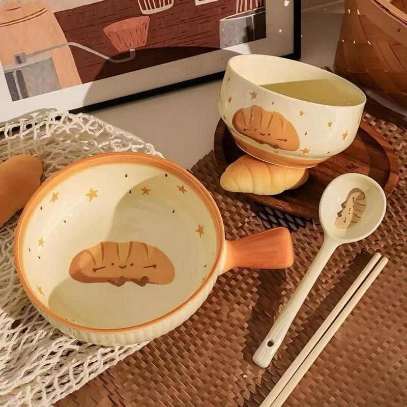 卡通烤面包可颂手把碗釉下彩陶瓷一人食餐具手柄饭碗宿舍学生TPH