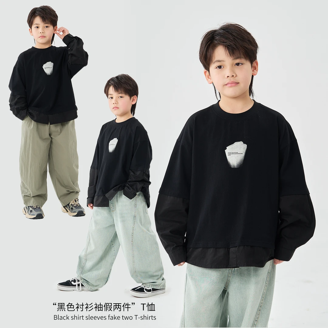 MT原创童装日系男童黑色衬衫袖假两件T恤长袖拼接春秋装印花上衣