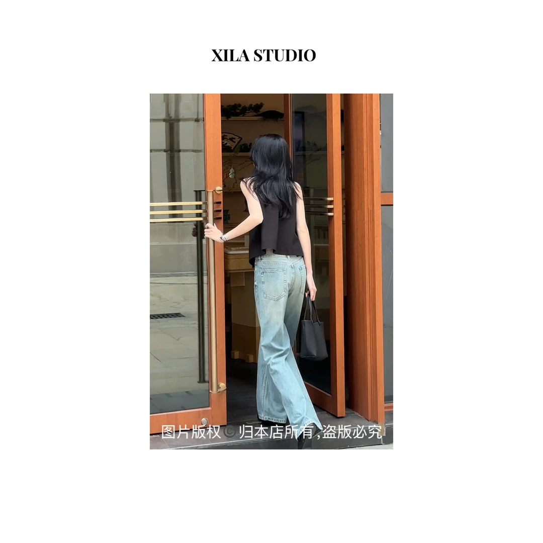 【XILA】进口土耳其高腰新青蓝复古直筒牛仔裤