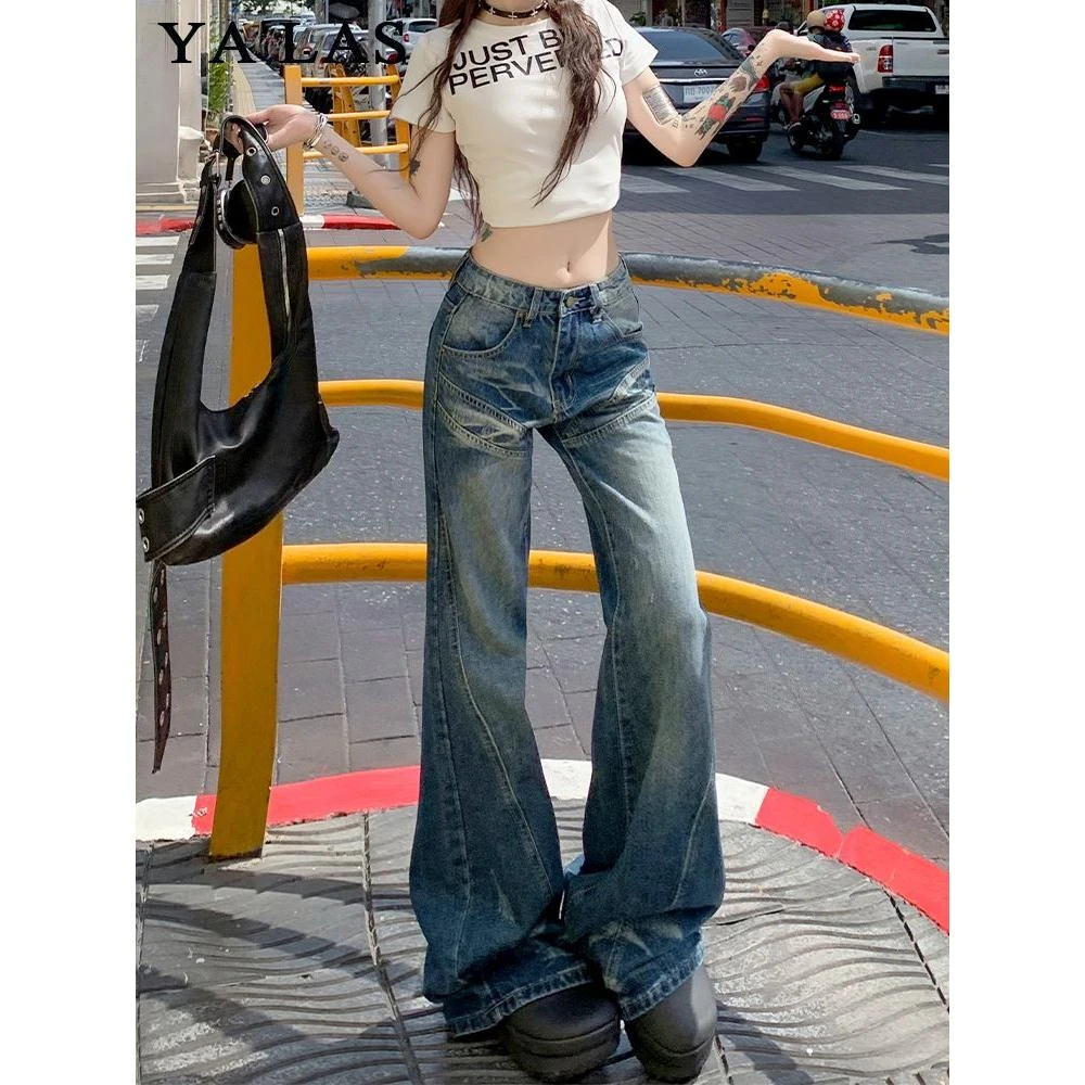 美式复古微喇牛仔裤女2025春季新款辣妹低腰宽松不贴腿直筒喇叭裤