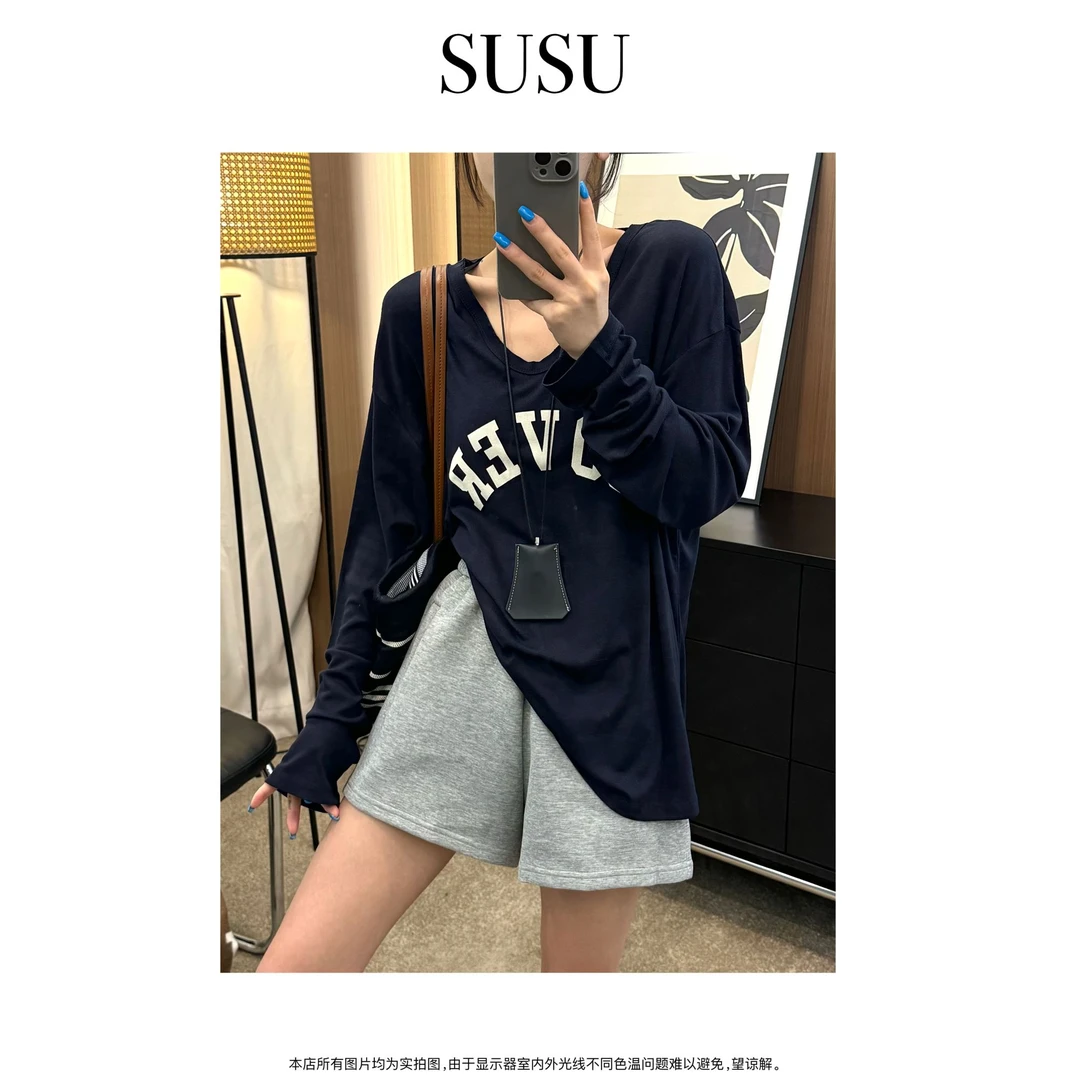 SuSu-2025新款设计师多边U领字母长袖T