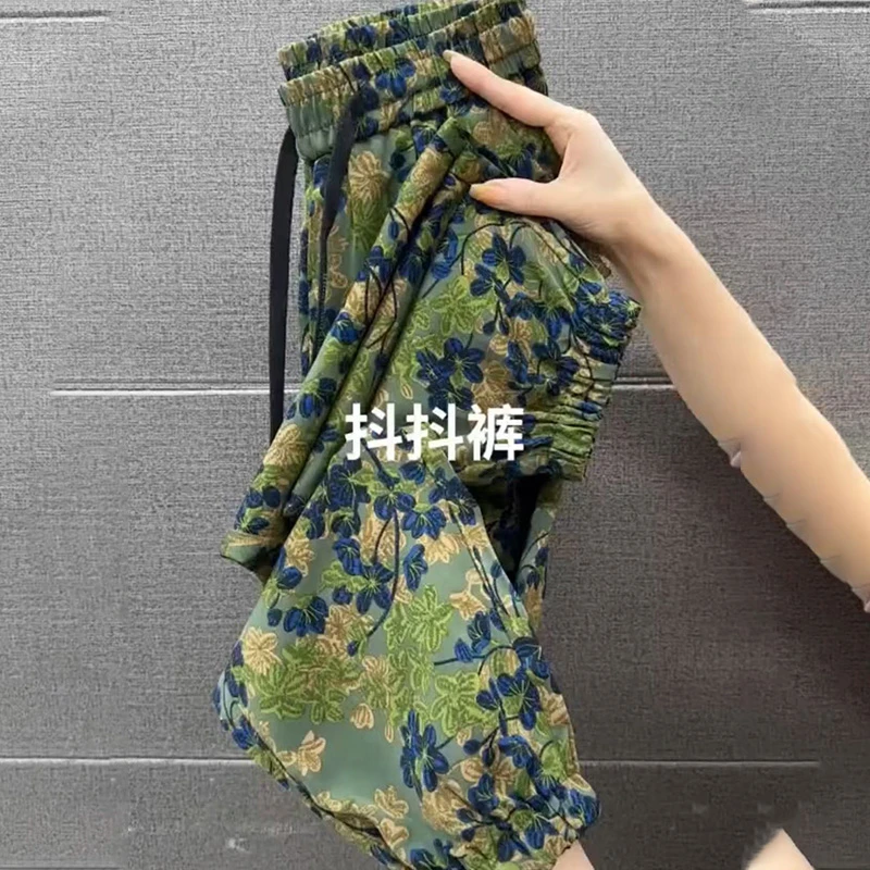 墨绿色印花休闲裤女2025年夏季新款抖抖裤高腰弹力洋气九分夏凉裤