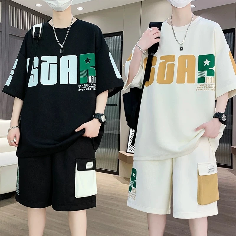2025夏季新款初高中帅气宽松休闲两件套青少年潮流运动短袖套装男