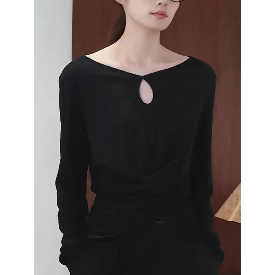 真心好看！巨推荐！高级感长袖上衣秋季设计感法式显瘦气质黑色T恤