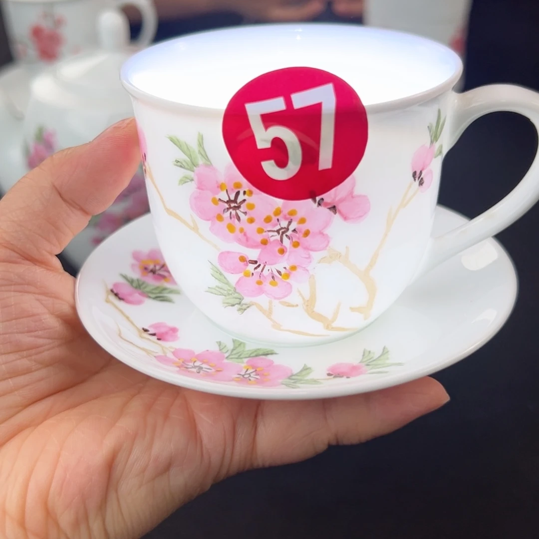 滑石子精品 水点桃花杯碟 微瑕