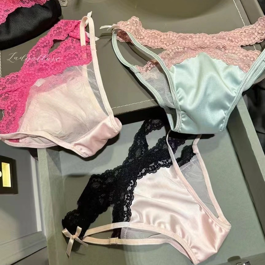 感绸面透明网纱女士内裤 低腰拼接交叉镂空性感纯欲三角裤女