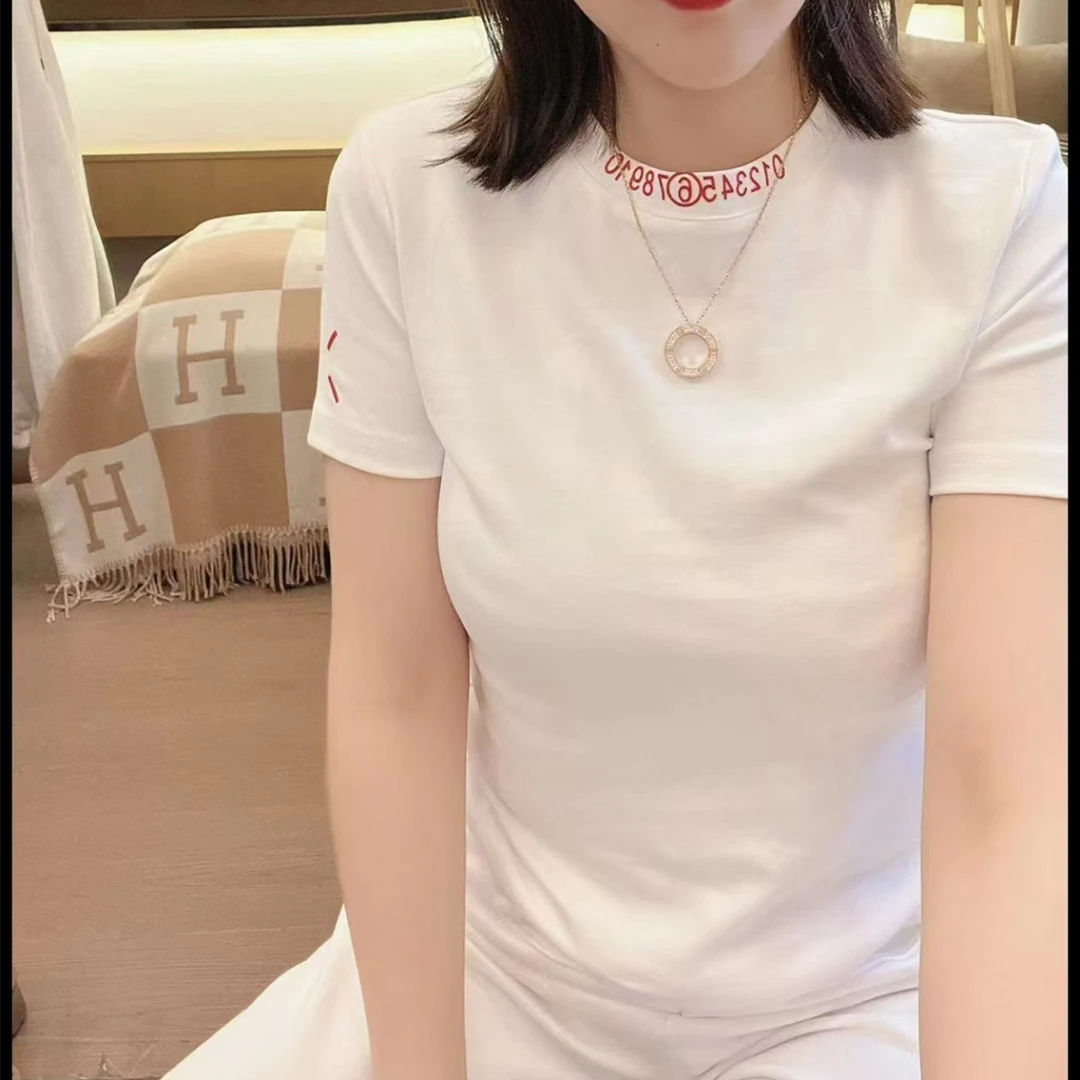 雪姐服饰「数字领口」夏季时尚百搭半袖新款领口数字修身短袖T恤