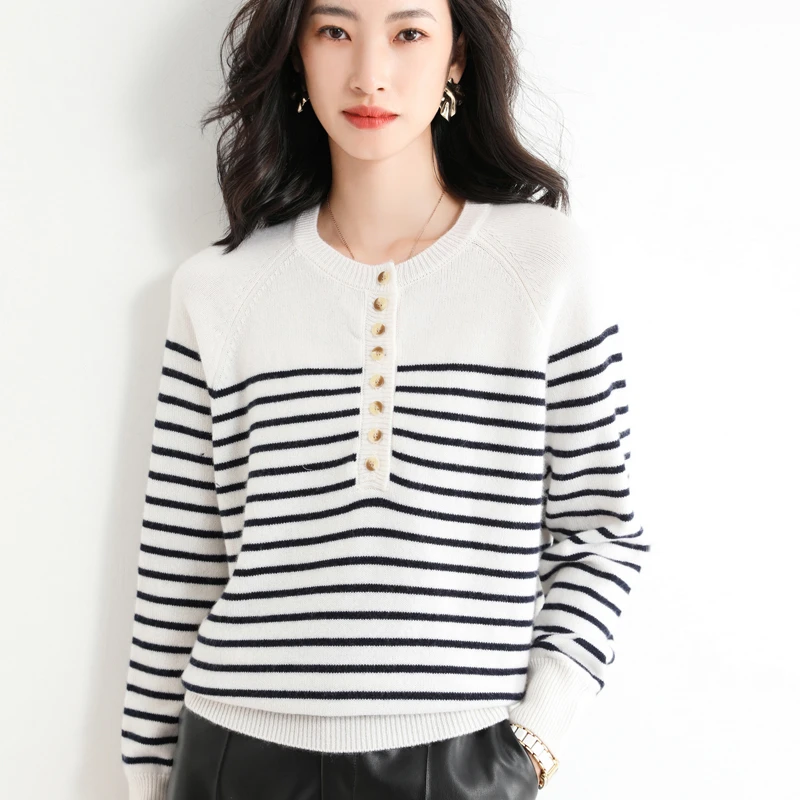 毛衣风2024宽松秋款100打底条纹女士短款圆领海军新款针织衫A325