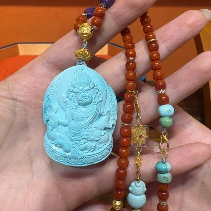 绿松石18K金镶嵌毛衣链黄财神