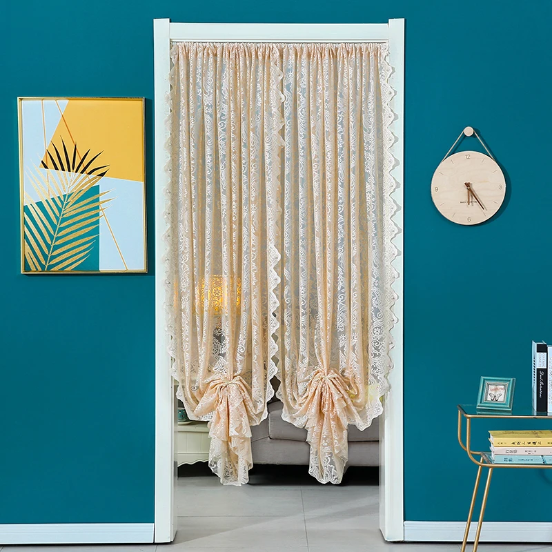蕾丝遮挡帘卧室门帘法式简约隔断帘装饰帘免打孔伸缩杆挂帘纱门帘