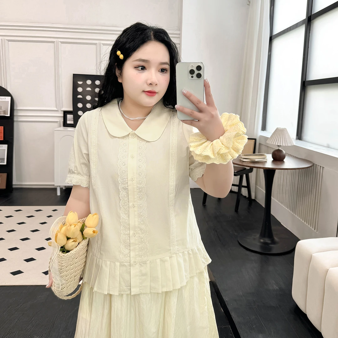 DX7612大码女装【夏日绝美高级感衬衫】娃娃领蕾丝胖mm遮肚短袖衬衣
