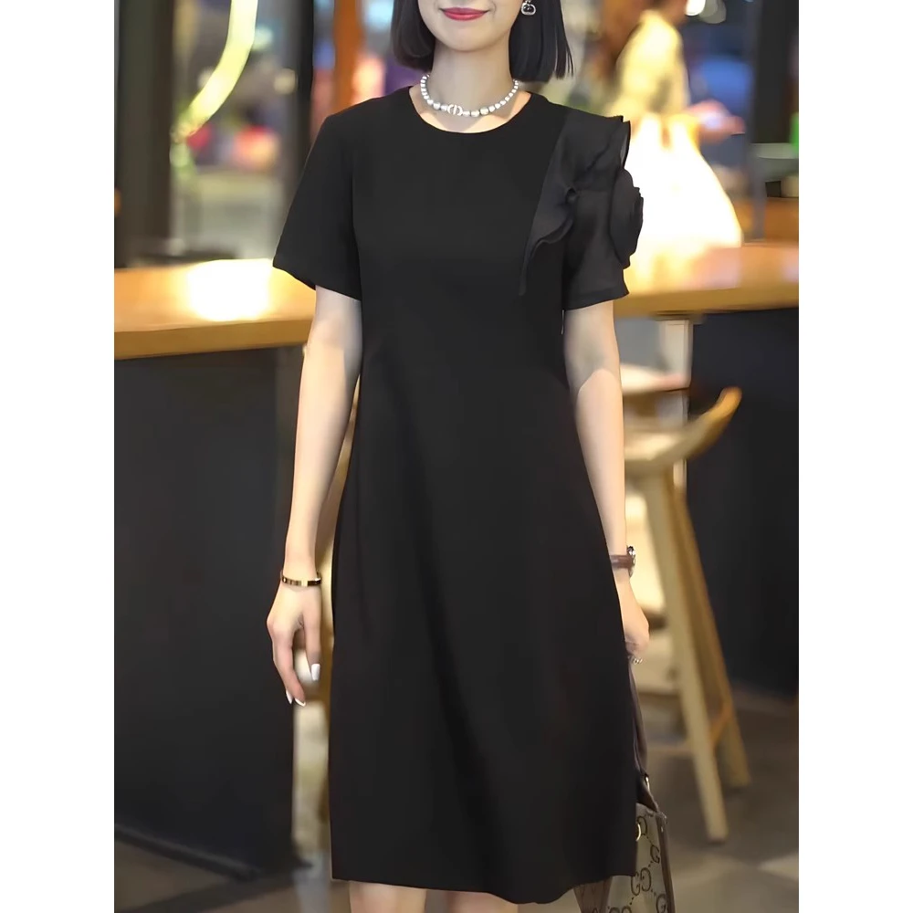 黑色圆领连衣裙女2025夏季新款轻奢高端网纱拼接名媛气质大码裙子