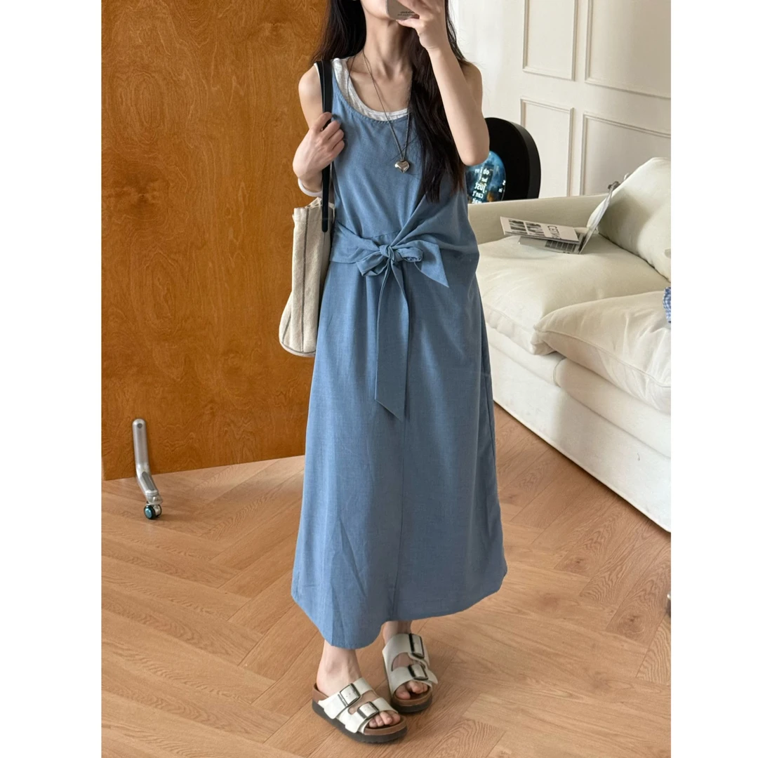 【一四六Yisiliu】小个子撞色真两件叠穿不规则领口绑带背心连衣裙