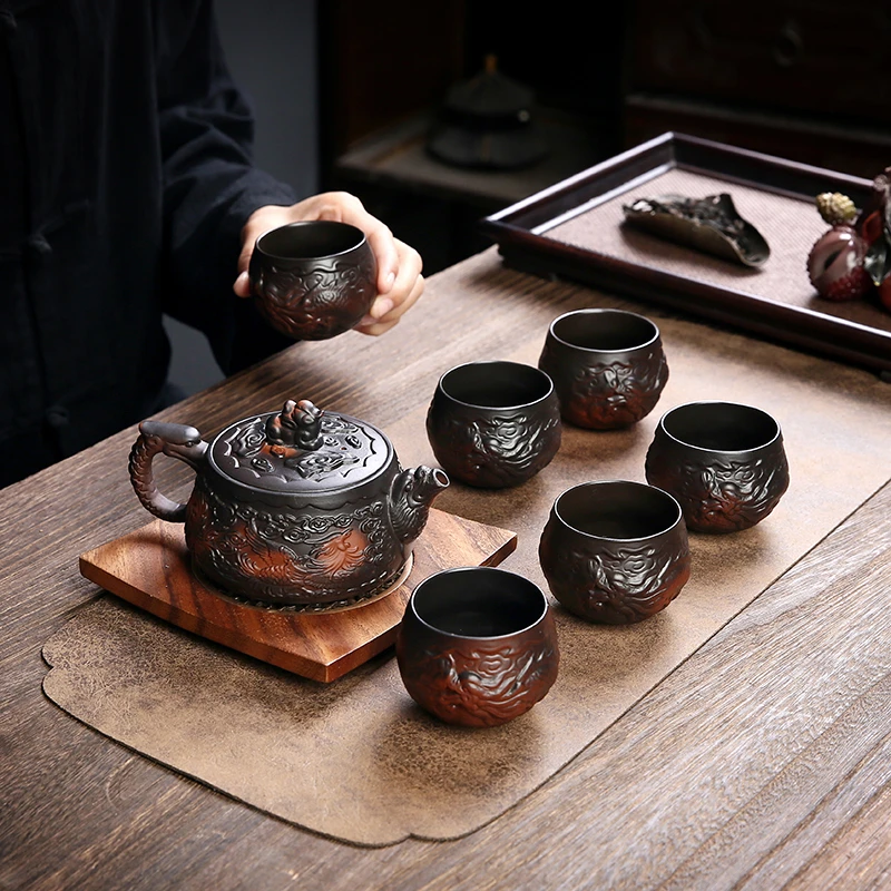 凤鸣断水紫陶茶壶满雕龙凤汉瓦壶单个家用个人专用泡茶大容量茶具