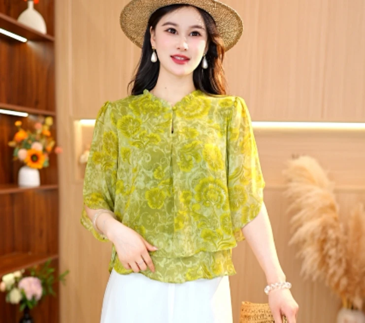 2488-29《金玉满堂》云锦丝新款荷叶领宽松优雅气质减龄感休闲小衫
