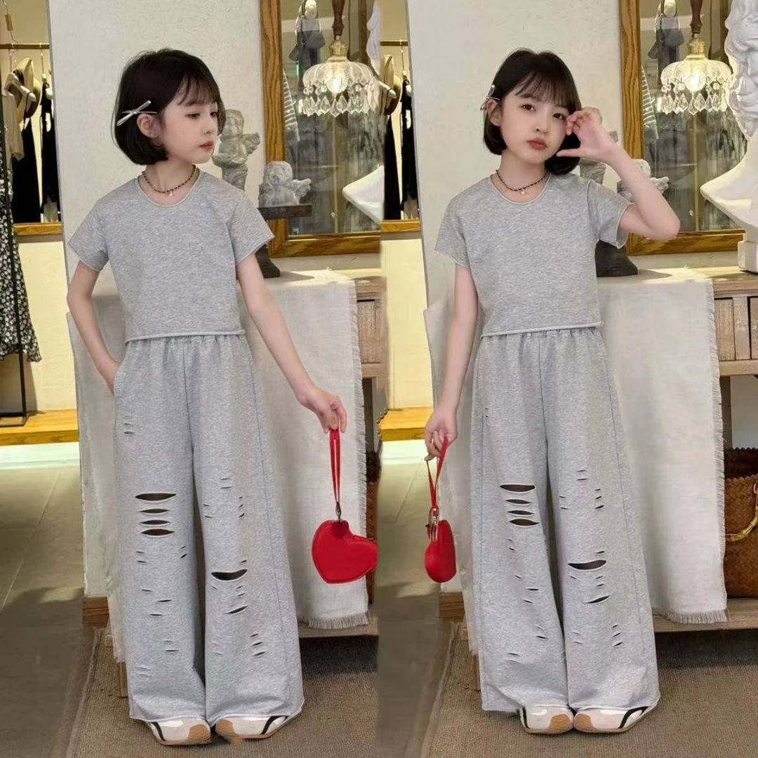 女童破洞运动卫裤韩版慵懒风时尚套装2025新款夏季又酷又飒两件套