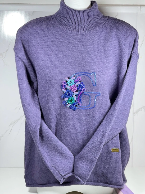 手工珠绣紫色毛衣