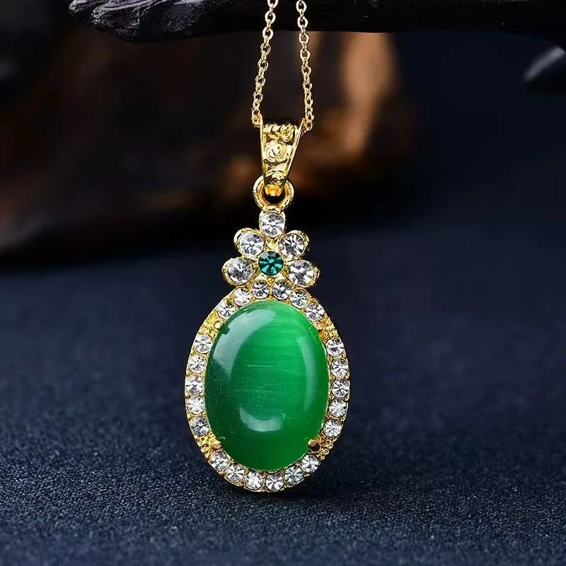 铜合金项链 合金 绿猫眼椭圆形 项链