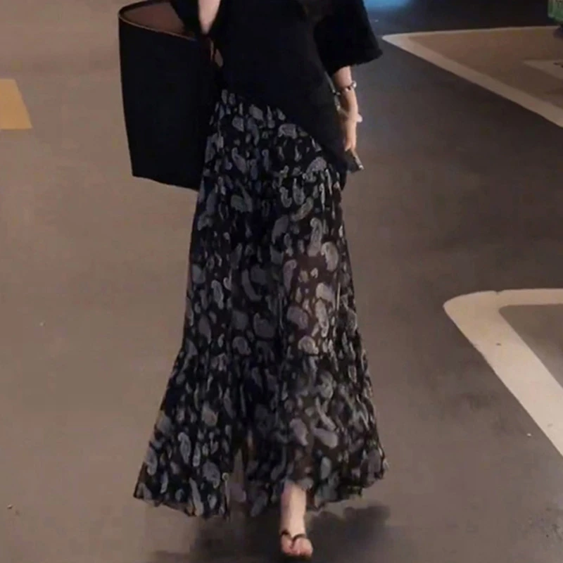 韩系设计感碎花半身裙女夏新款高腰显瘦时尚大摆裙印花A字长裙子