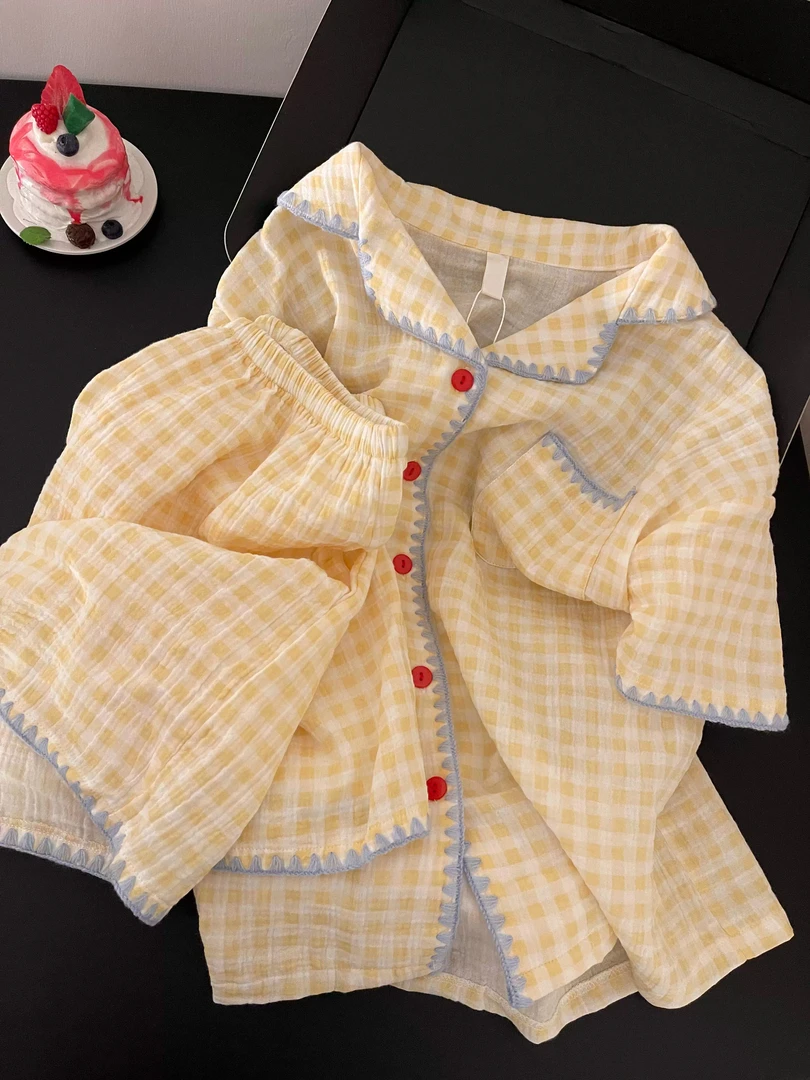 【DMXJ大梦想家】设计感格子睡衣女夏季2025新款宽松短裤套装居家服