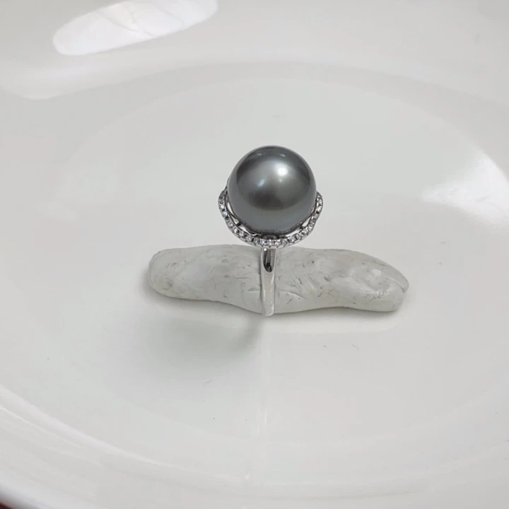 海水珍珠戒圈银S925镶嵌铂金灰戒指12-13mm