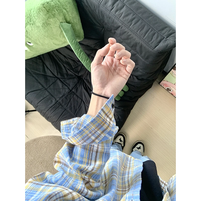 黄蓝格子长袖衬衫男高级感痞帅cleanfit格纹衬衣美式复古情侣外套