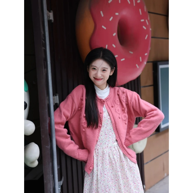 甜美风减龄粉色立体提花针织开衫内搭打底衫碎花连衣裙套装X11390