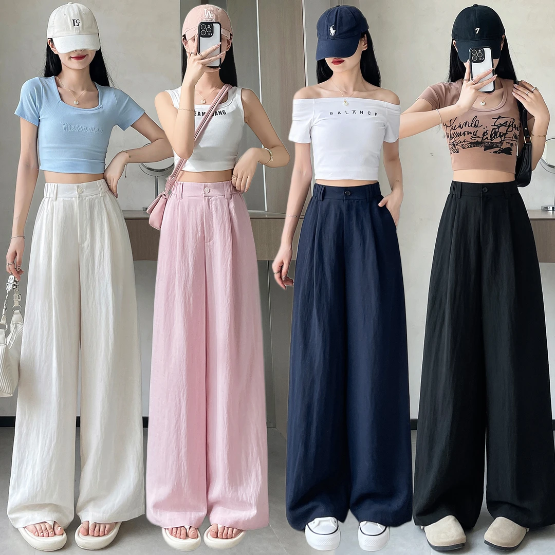 2025夏季新款亚麻阔腿裤高腰直筒休闲西装直筒裤