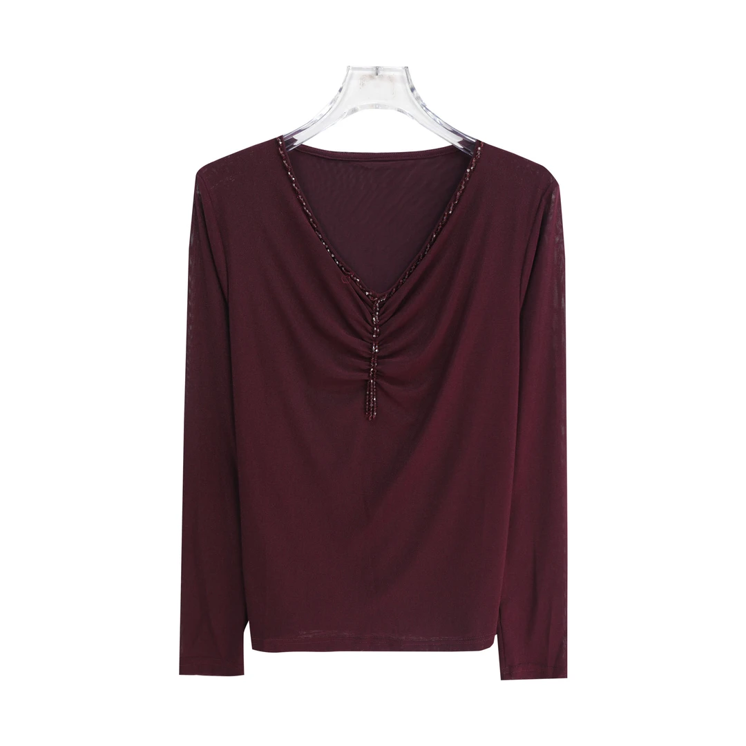 纯欲风褶皱收腰纯色烫钻修身显瘦长袖T恤S3388