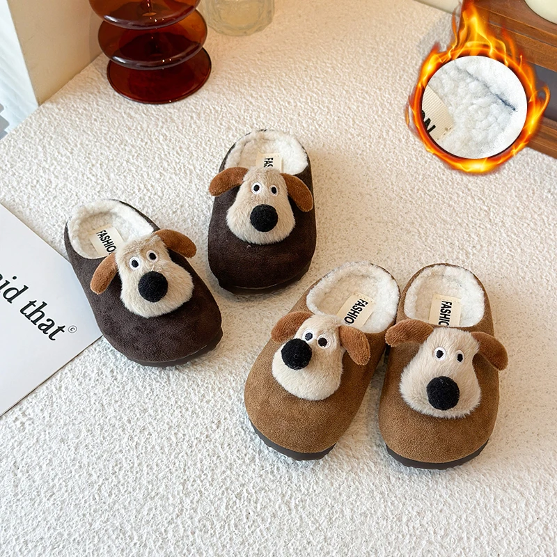 小黄鸭儿童宝宝棉拖鞋2025冬季新款卡通小狗加绒加厚保暖毛毛鞋子