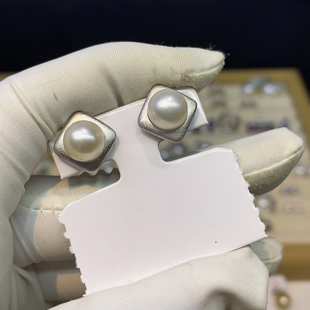 银S925镶嵌海水珍珠耳饰8-9澳白