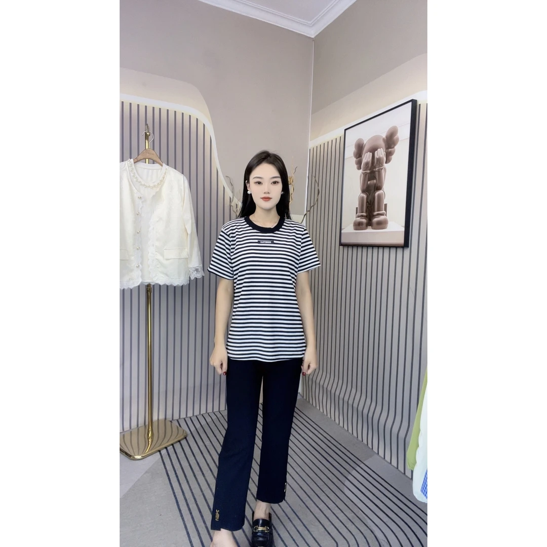短袖宽松修身常规显瘦打底轻职风T恤百搭拼接条纹夏装圆领