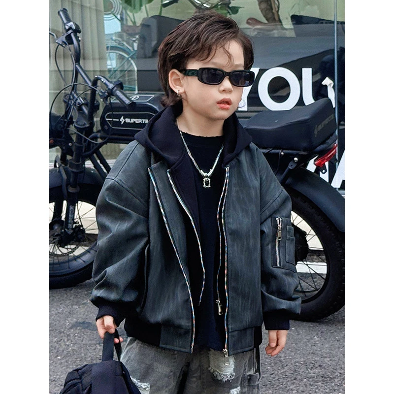 in 爱：qm男童帅气假两件皮衣韩版洋气中小童连帽外套2480