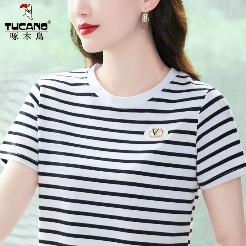 啄木鸟~中年妈妈夏装纯棉条纹短袖T恤女时尚洋气2025夏季新款上衣