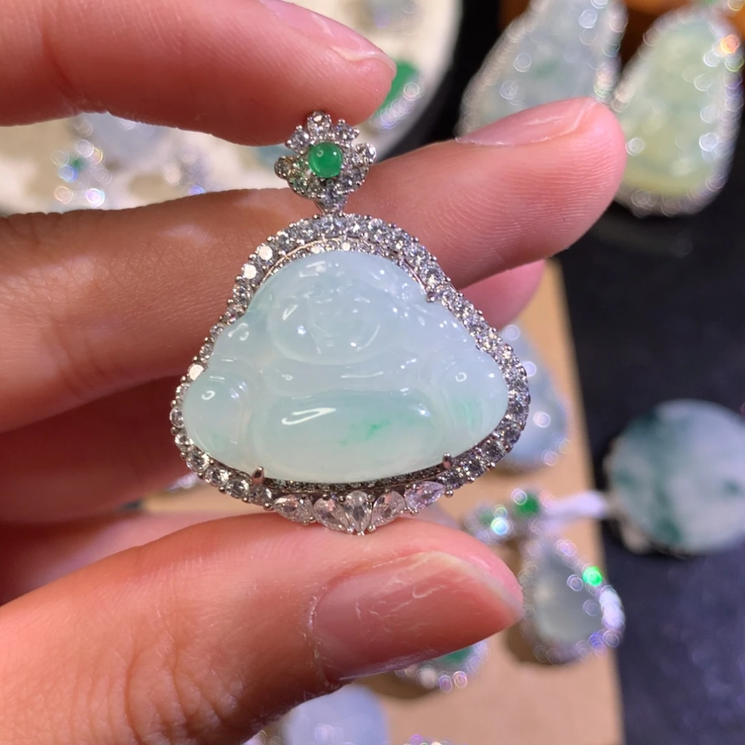 桃***白翡翠银S925镶嵌吊坠(不含链)