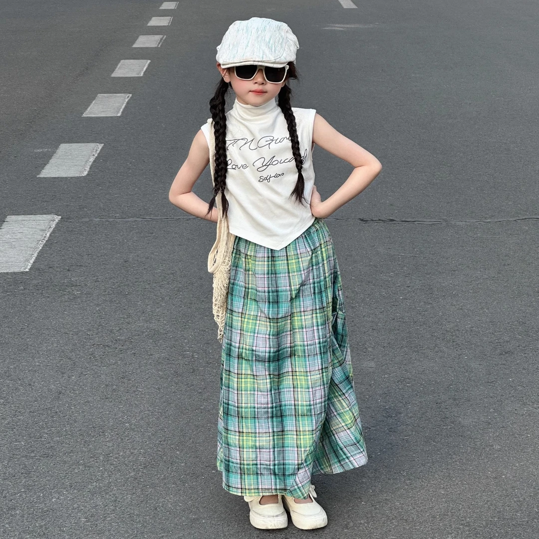 女童裙子套装2025新款儿童洋气背心上衣中大童时髦格纹半身长裙潮
