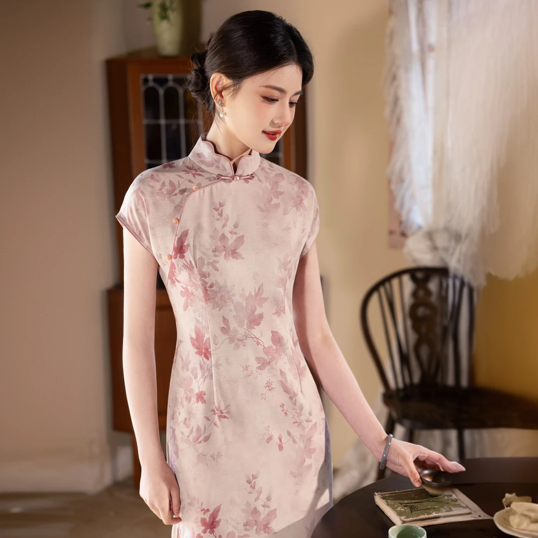 粉色古法连肩袖旗袍2025新款改良优雅新中式春夏季气质显瘦连衣裙