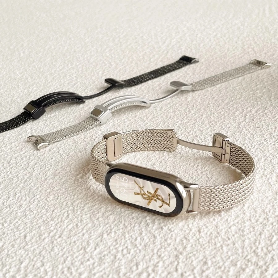 适用小米10手环表带金属不锈钢表带麦穗磁吸扣腕带小米9手环高级